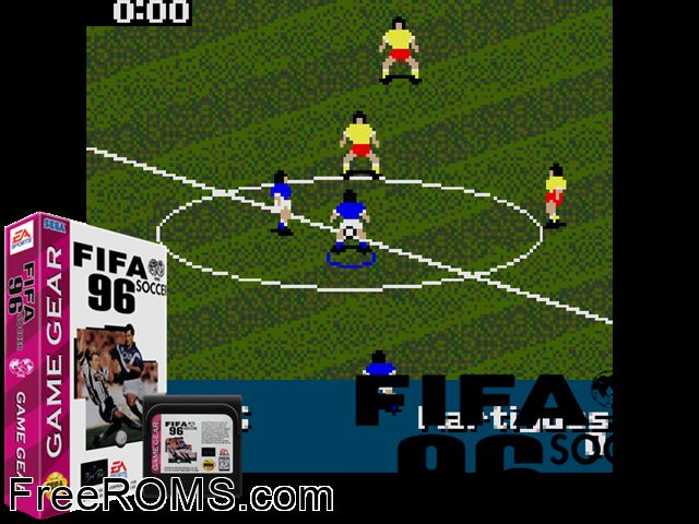 FIFA Soccer 96 Game Gear game showing 3D box cover and gameplay screenshot